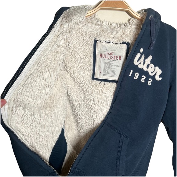 Hollister Y2K Navy Graphic Logo Fur Hoodie Size L Zip Up 00s Warm Heavy Nostalgi - Picture 8 of 9